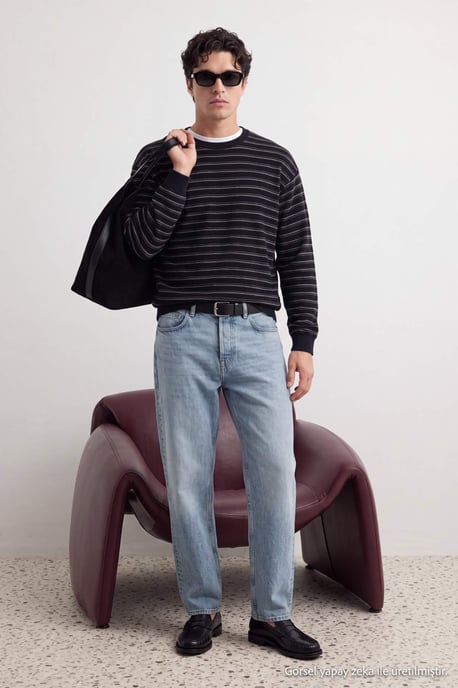 TRENDYOL MAN Heren Zwart Gestreept Lang Regular fit T-shirts - Image 6