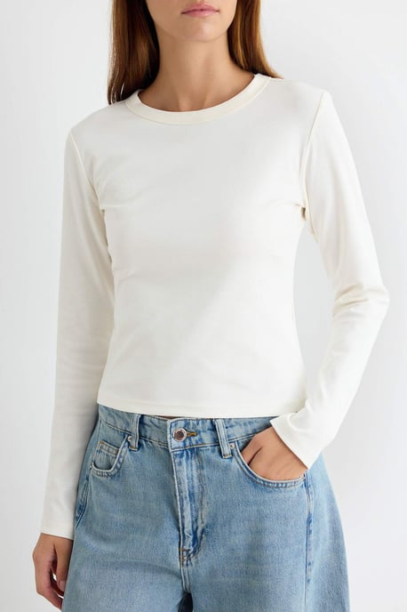 TRENDYOLMİLLA Dames Ecru Effen Lang Getailleerd T-shirts - Image 2