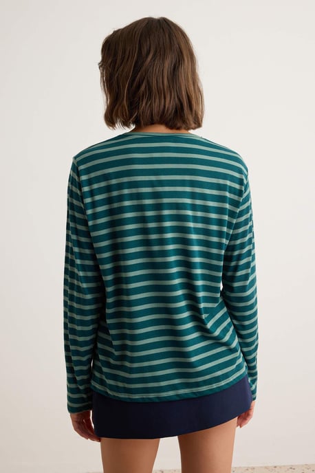 TRENDYOLMİLLA Dames Blauw Gestreept Lang Regular fit T-shirts - Image 3
