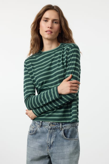 TRENDYOLMİLLA Dames Blauw Gestreept Lang Regular fit T-shirts - Image 4