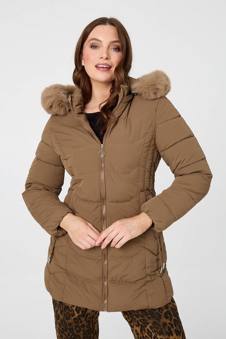Brown Hooded Faux Fur Trim Zip Puffer Jacket - Image 1