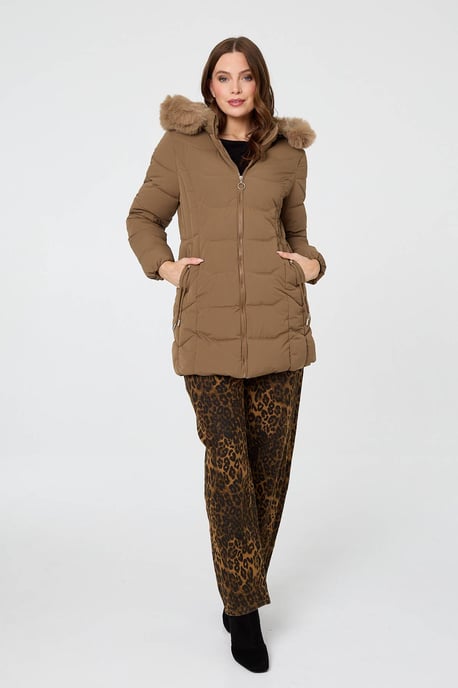 Brown Hooded Faux Fur Trim Zip Puffer Jacket - Image 2