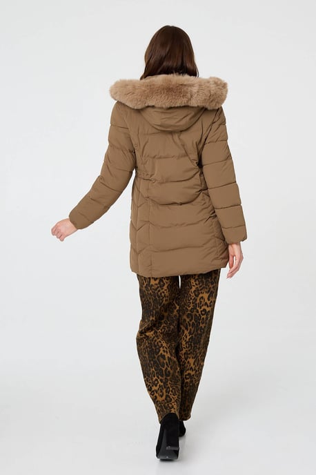 Brown Hooded Faux Fur Trim Zip Puffer Jacket - Image 3