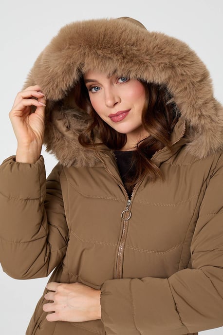 Brown Hooded Faux Fur Trim Zip Puffer Jacket - Image 4