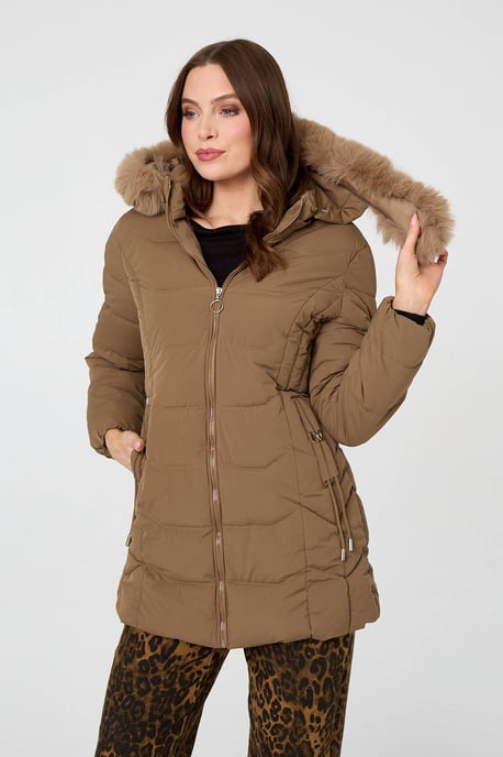 Brown Hooded Faux Fur Trim Zip Puffer Jacket - Image 5