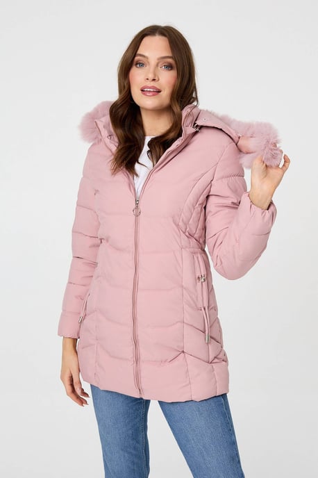 Pink Hooded Faux Fur Trim Zip Puffer Jacket - Image 2
