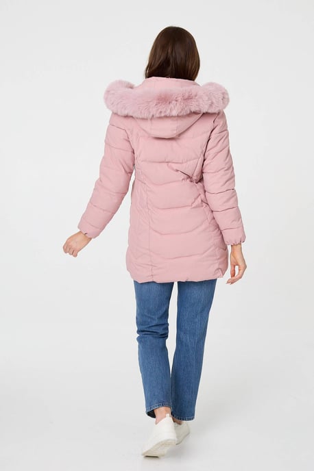 Pink Hooded Faux Fur Trim Zip Puffer Jacket - Image 3