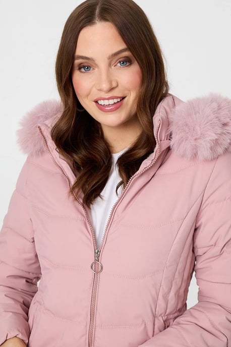 Pink Hooded Faux Fur Trim Zip Puffer Jacket - Image 4