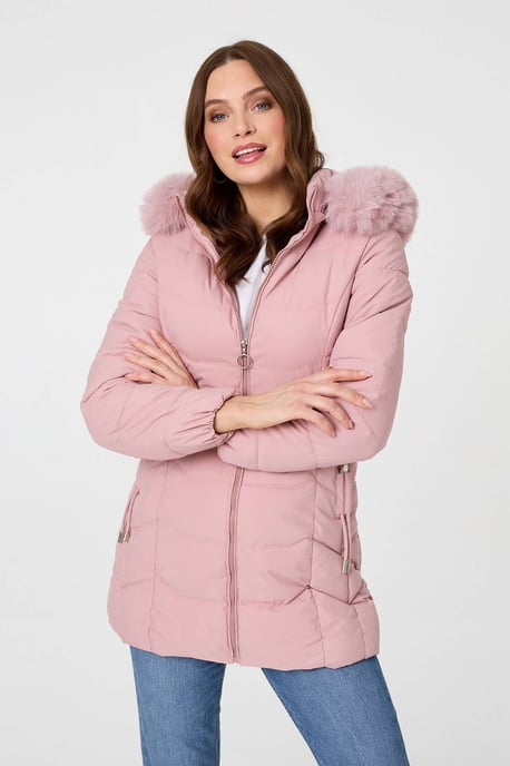 Pink Hooded Faux Fur Trim Zip Puffer Jacket - Image 5