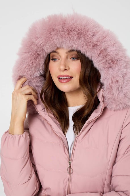 Pink Hooded Faux Fur Trim Zip Puffer Jacket - Image 6