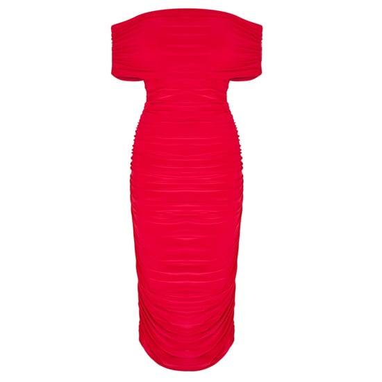 Biba Midi-jurk voor dames met ruches en blote schouders, strakke pasvorm (Rood) - Image 2