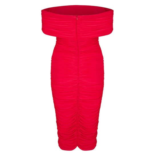 Biba Midi-jurk voor dames met ruches en blote schouders, strakke pasvorm (Rood) - Image 3