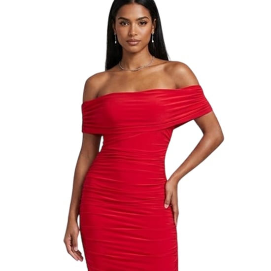 Biba Midi-jurk voor dames met ruches en blote schouders, strakke pasvorm (Rood) - Image 4
