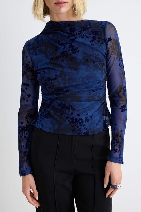 TRENDYOLMİLLA Dames Donkerblauw Bloemen Lang Getailleerd Blouses - Image 2