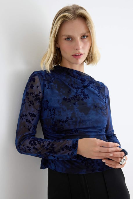 TRENDYOLMİLLA Dames Donkerblauw Bloemen Lang Getailleerd Blouses - Image 4