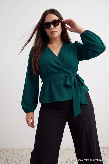 Trendyol Curve Women's Green Plain Long Fitted Plus Size Blouses - Image 2