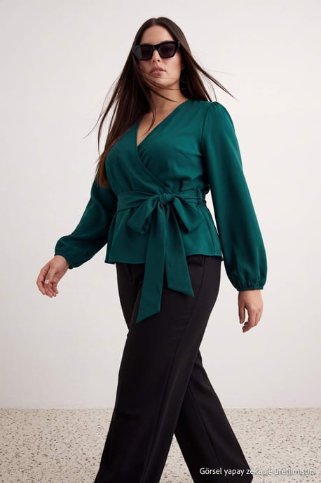 Trendyol Curve Women's Green Plain Long Fitted Plus Size Blouses - Image 3