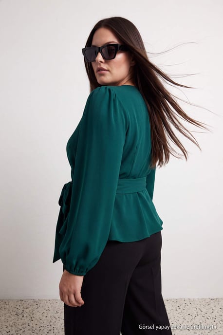 Trendyol Curve Women's Green Plain Long Fitted Plus Size Blouses - Image 6