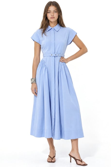 Belted Midi Dress with Shirt Collar - Image 1