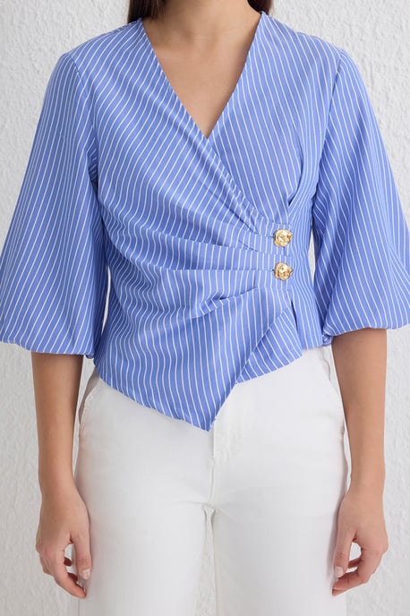 TRENDYOLMİLLA Dames Blauw Gestreept Driekwart mouw Getailleerd Blouses - Image 3