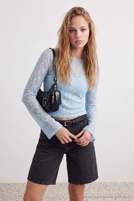 TRENDYOLMİLLA Dames Blauw Effen Lang Getailleerd Blouses - Image 2