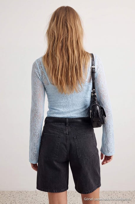 TRENDYOLMİLLA Dames Blauw Effen Lang Getailleerd Blouses - Image 4