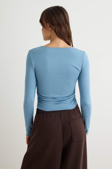 TRENDYOLMİLLA Dames Blauw Effen Lang Getailleerd Blouses - Image 3