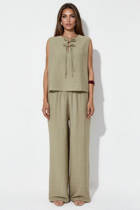 Viscose Blend Blouse with Tie Detail & Elastic Waist Pants Set - Image 5