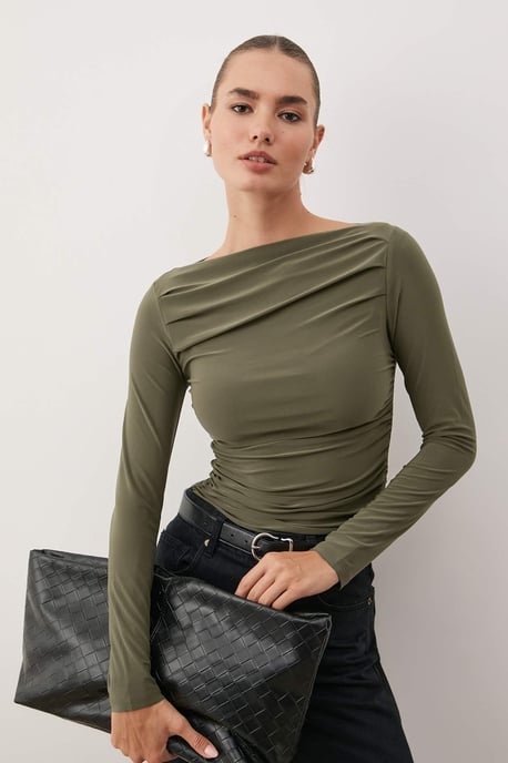 TRENDYOLMİLLA Women's Khaki Plain Long Fitted Blouses - Image 1