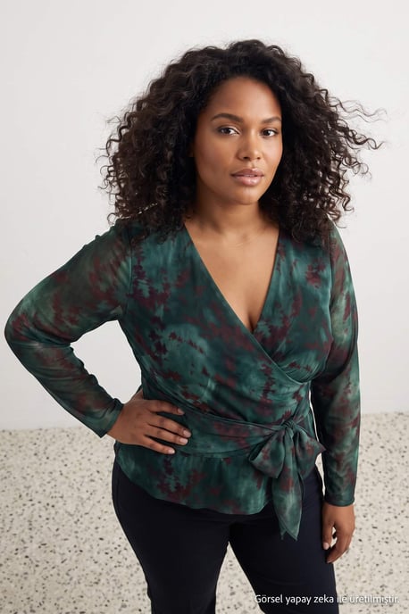 Trendyol Curve Dames Kaki Bloemen Lang Getailleerd Grote maten Blouses - Image 1