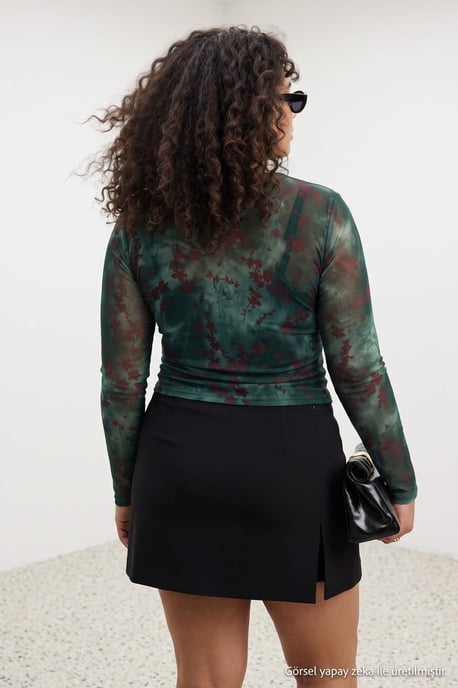 Trendyol Curve Dames Kaki Bloemen Lang Getailleerd Grote maten Blouses - Image 3