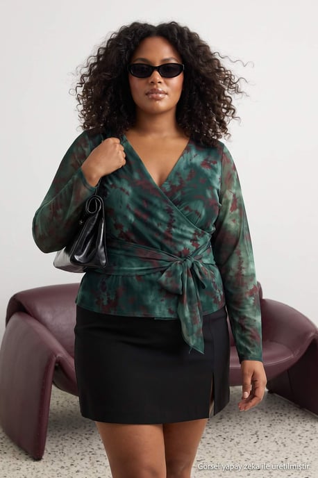 Trendyol Curve Dames Kaki Bloemen Lang Getailleerd Grote maten Blouses - Image 6