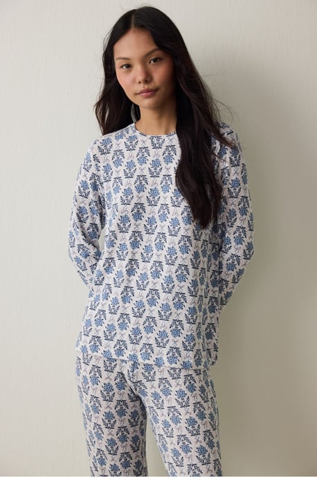 Floral Print Tea Time Thermal Effect Sweatshirt Pajama Top - Image 1