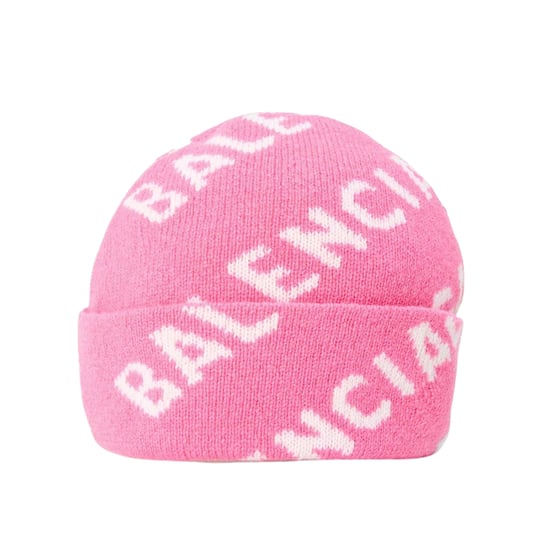 Balenciaga All Over Logo Knitted Beanie (Pink/White) - Image 3