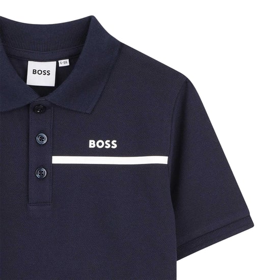 Boss Set med randig polotröja med logotyp och shorts för barn (Marinblått/Beige) - Image 3