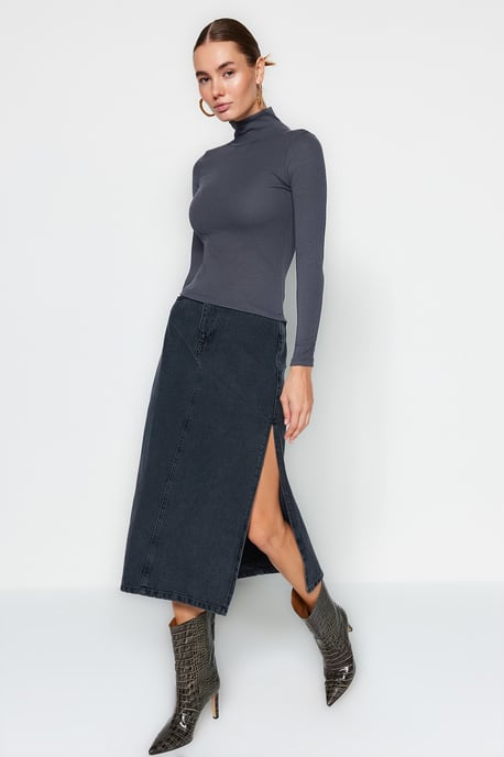 TRENDYOLMİLLA Dames Grijs Effen Lang Getailleerd Blouses - Image 2