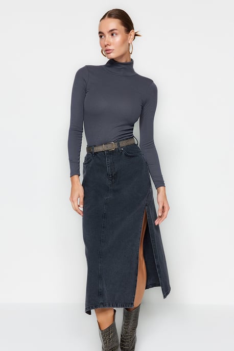 TRENDYOLMİLLA Dames Grijs Effen Lang Getailleerd Blouses - Image 6
