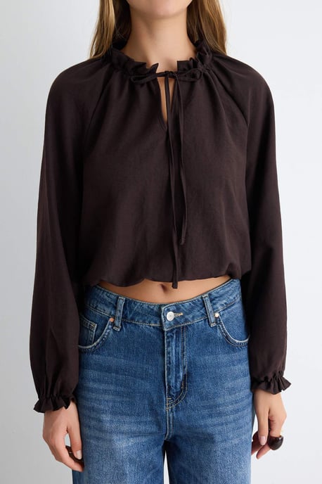 TRENDYOLMİLLA Dames Bruin Effen Lang Regular fit Blouses - Image 2