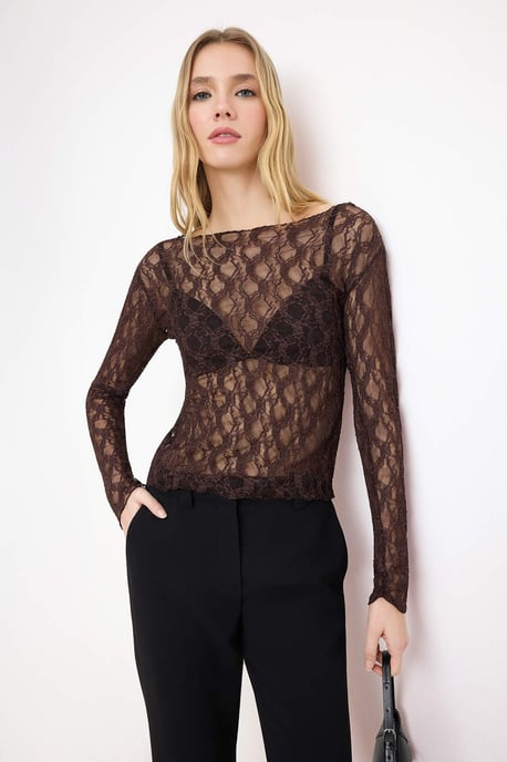 TRENDYOLMİLLA Dames Bruin Effen Lang Getailleerd Blouses - Image 1