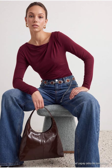 TRENDYOLMİLLA Dam Vinröd Enfärgad Lång Figursydd Blusar - Image 5