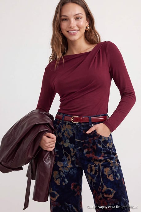 TRENDYOLMİLLA Dam Vinröd Enfärgad Lång Figursydd Blusar - Image 6