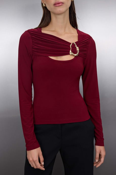 TRENDYOLMİLLA Dames Bordeaux Effen Lang Getailleerd Blouses - Image 2