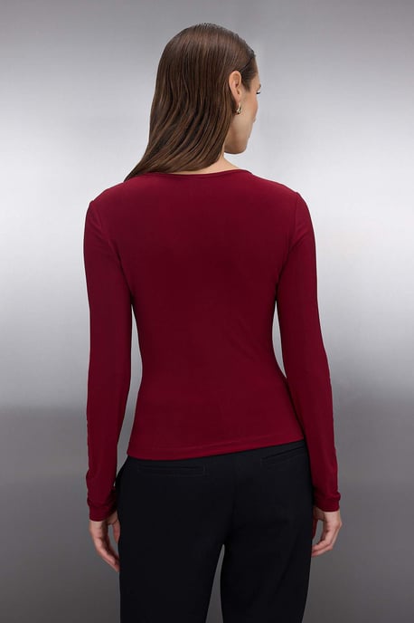 TRENDYOLMİLLA Dames Bordeaux Effen Lang Getailleerd Blouses - Image 3