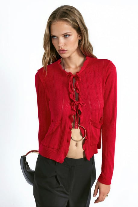 Ruffled Openwork Knit Cardigan with Special Yarn - Image 2