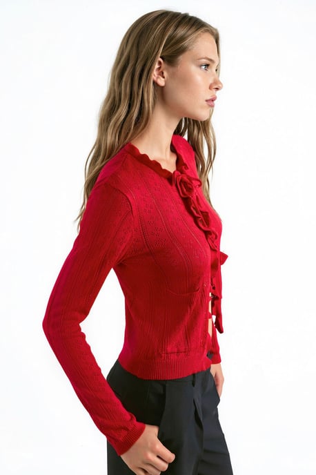 Ruffled Openwork Knit Cardigan with Special Yarn - Image 3
