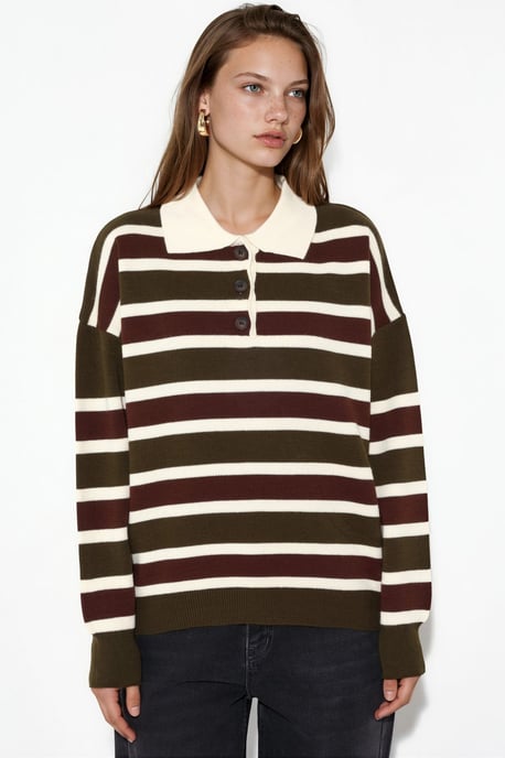 Striped Polo Collar Knit Sweater - Image 5