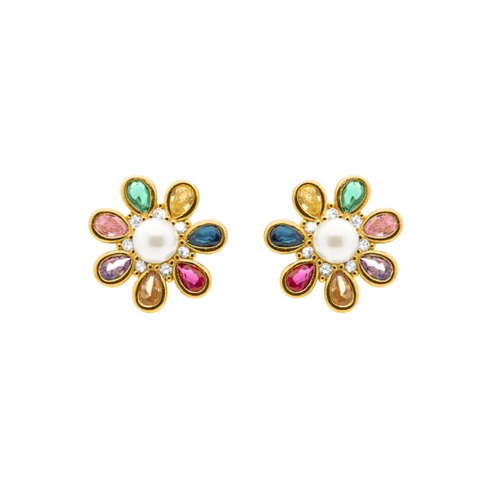 Luxenter oorbellen in metaallegering en multicolor zirkonia, afgewerkt in 18k geelgoud - Bosul - Image 1