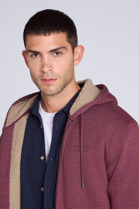 'Samuel' Men's Hoodie Sherpa Lined Drawcord Adjustable Hood Cosy Jumper Burgundy - Image 3