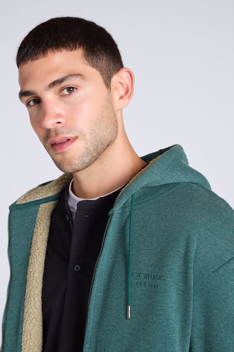 'Samuel' Men's Hoodie Sherpa Lined Drawcord Adjustable Hood Cosy Jumper Green - Image 3