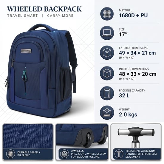 17" laptopryggsäck på hjul, blå, 1680D + PU, 2 hjul, trolleyryggsäck - Image 3